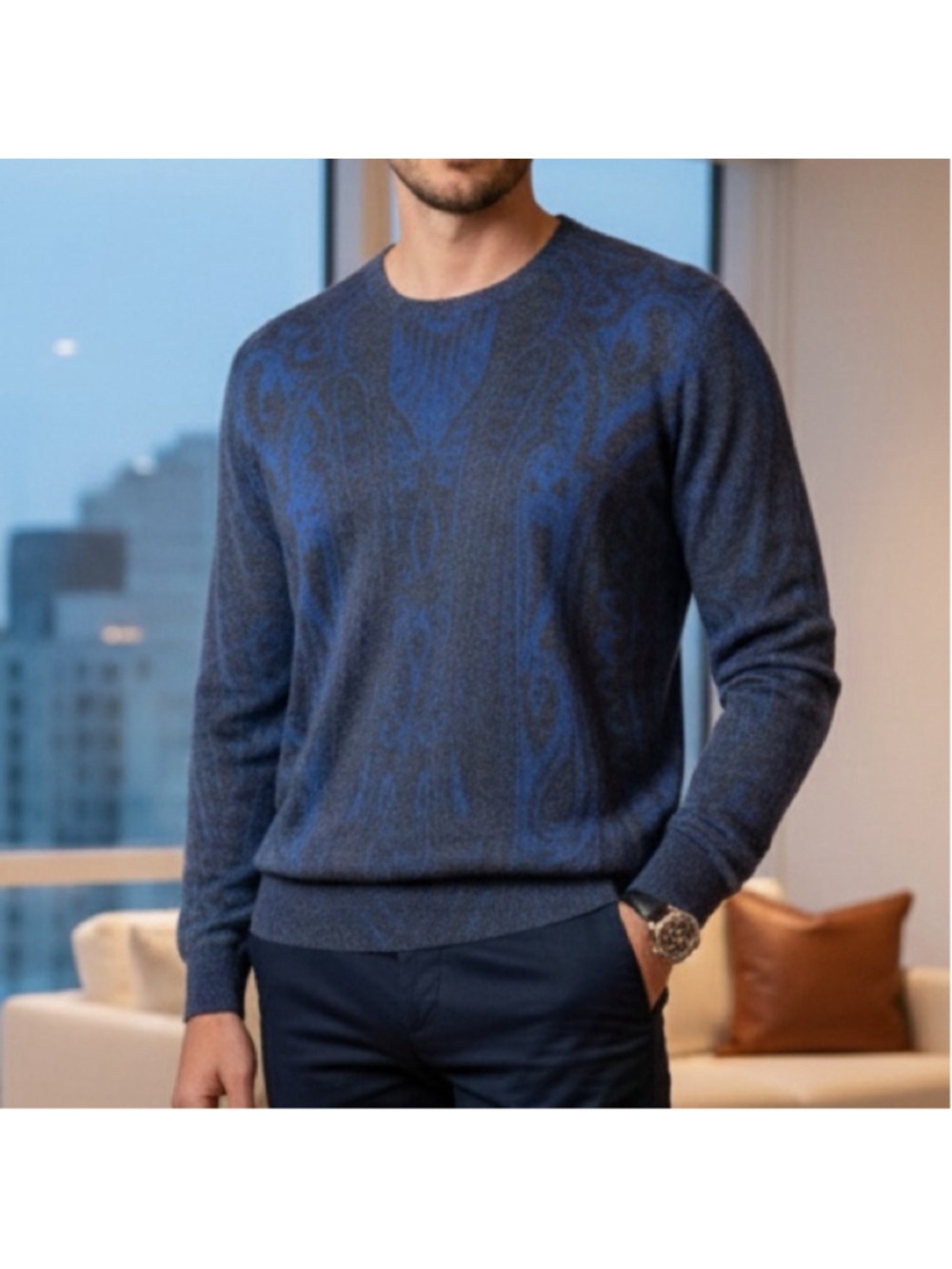 ETRO Cashseta Blue Paisley Cashmere Silk Crewneck Sweater Size S
